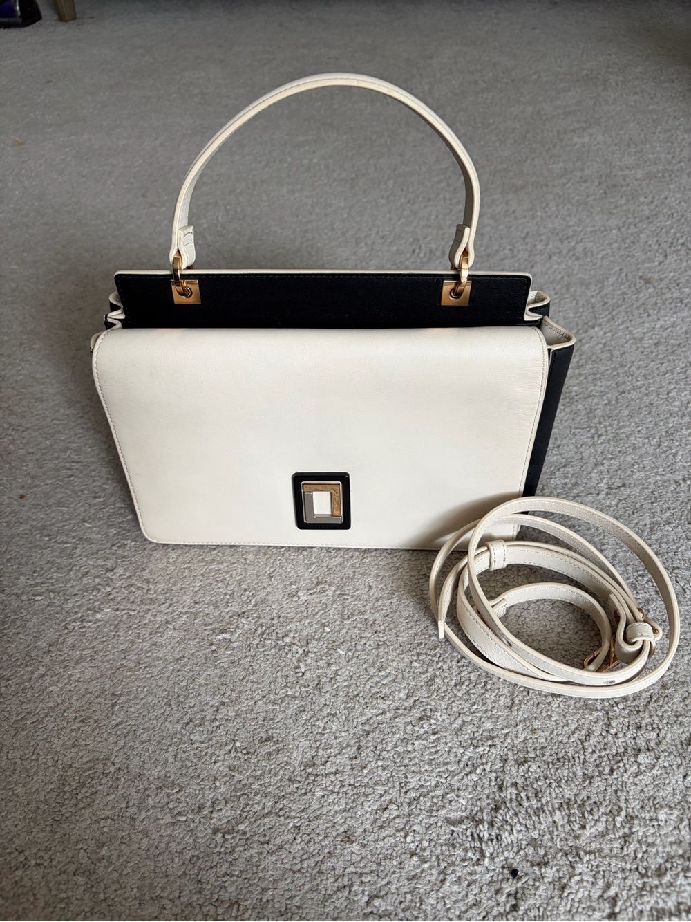 Luana Leather Italian Purse w/ Top-Handle & Crossbody Strap in Ivory and Black